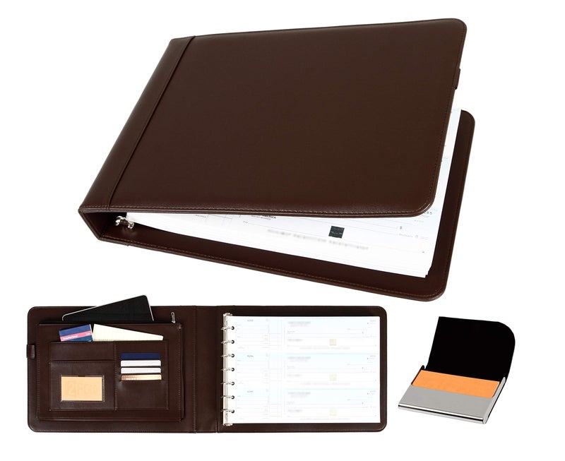 2Fold Business Check Binder 7 Ring for 3-Up Business Size Checks with Extra Business Card Case - PU Leather Deluxe 7 Ring Checkbook Binder Portfolio with 600 Check Capacity and Storage - Image 1